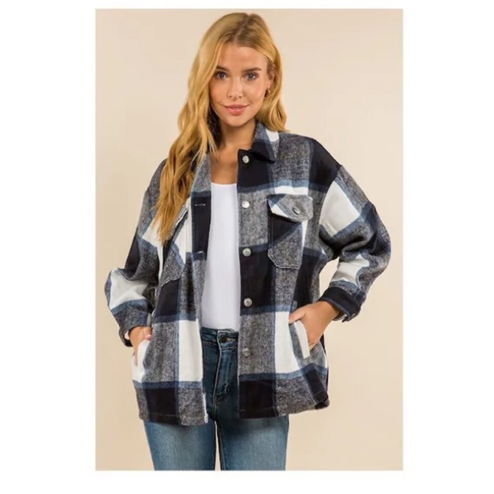 Miss Posh Navy Blue White Plaid Sherpa Lined Shacket Jacket XS